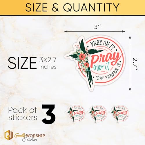 3PCs Pray Over It Sticker Christian Cross Bible Verse Sticker Floral Religious Faith Jesus God Scripture Waterproof Vinyl Stickers for Laptop Water Bottle Tumbler Decals Gifts for Adults Kids 3"x2.7"