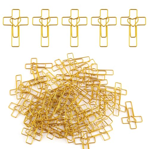 50pcs Gold Heart Cross Paper Clips, Cross Paper Clips Jesus Bible Bookmark Book Reading & Journaling Supplies for Easter Egg Stuffing Christian Present