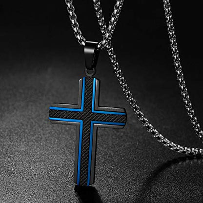 Holizaly Men's Cross Necklace 316L Stainless Steel Pendant White/Gold/Black/Blue Rolo Chain-Gift Box Included - color: Blue black