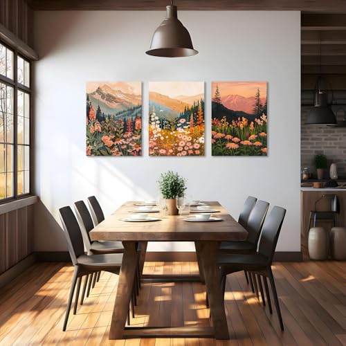 Boho Colorful Watercolor Mountain Canvas Wall Art Set of 3, Wildflower Posters Wall Decor, Abstract Nature Landscape Artwork Paintings Picture Print for Living Room Bedroom Office 12x16 Inch Framed - color: Tree canvas, size: 16L"x12W"