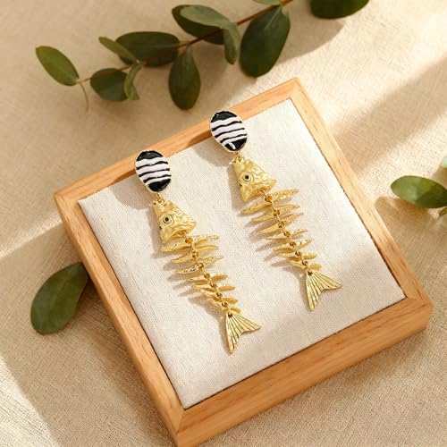 Creative Exaggerated Ocean Animal Drop Dangle Earrings for Women, Bohemia Style Alloy Lobster Octopus Fish Crab Earrings for Summer Beach Holiday Party Jewelry Gifts - style: Gold Fish Bone Earrings