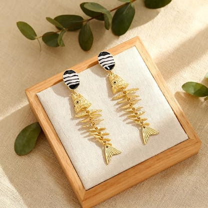 Creative Exaggerated Ocean Animal Drop Dangle Earrings for Women, Bohemia Style Alloy Lobster Octopus Fish Crab Earrings for Summer Beach Holiday Party Jewelry Gifts - style: Gold Fish Bone Earrings