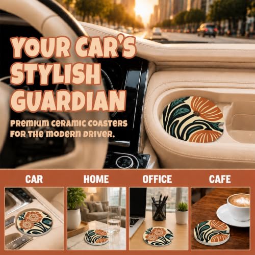 Boho Floral Car Coasters, Retro Country Orange Flowers Cup Holders, 17 - color: Boho Floral