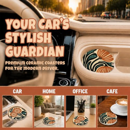 Boho Floral Car Coasters, Retro Country Orange Flowers Cup Holders, 17 - color: Boho Floral