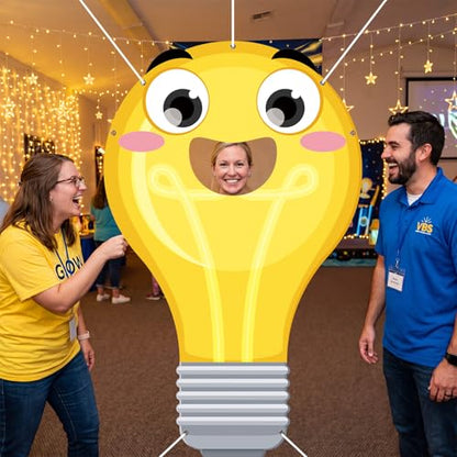 WovWeave VBS 2026 Light Bulb Face Hole Photo Booth Prop, Illumination Party Backdrop for Vacation Bible School, Sunday School Church Classroom Decorations, Funny Cartoon Photography Banner 71"x43" - style: Light Bulb