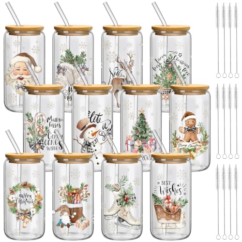 Teenyyou 12 Sets of Christmas Glasses Cups with Bamboo Lid and Glass Straw 16 oz Christmas Stripes Glass Jar Winter Drinking Cups Santa Snowman Elk Coffee Cup for Women Men Xmas Holiday Party Gifts - style: Wood Stripes