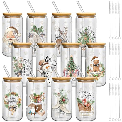 Teenyyou 12 Sets of Christmas Glasses Cups with Bamboo Lid and Glass Straw 16 oz Christmas Stripes Glass Jar Winter Drinking Cups Santa Snowman Elk Coffee Cup for Women Men Xmas Holiday Party Gifts - style: Wood Stripes