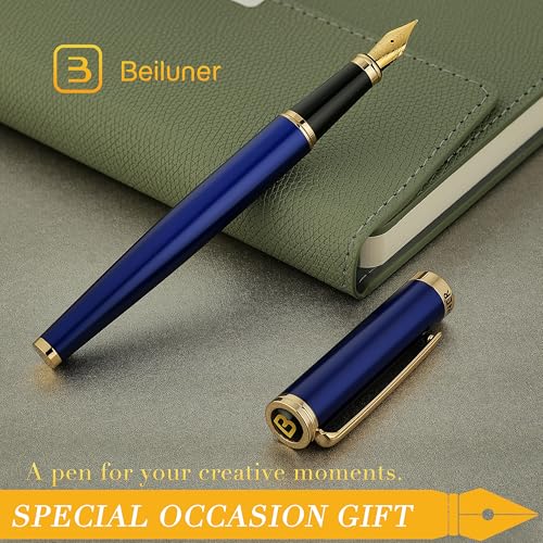 BEILUNER Blue Fountain Pen,Stunning Luxury Pens with 24K Gold Finish, Gorgeous 24K Gilded Nib(Medium), Fancy Pen Gift for Men&Women -Ink Converter-Elegant, Reliable,Nice Pen for Writing - color: Blue&Gold, style: Medium Nib