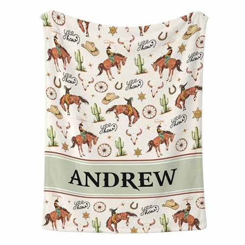 Personalized Cowboy Baby Blanket, Cute Farm Cow Western Pattern Design, Custom Name Toddler Kids Blanket Throw, Rustic Nursery Decor - color: Cowboy Blanket#1