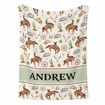 Personalized Cowboy Baby Blanket, Cute Farm Cow Western Pattern Design, Custom Name Toddler Kids Blanket Throw, Rustic Nursery Decor - color: Cowboy Blanket#1
