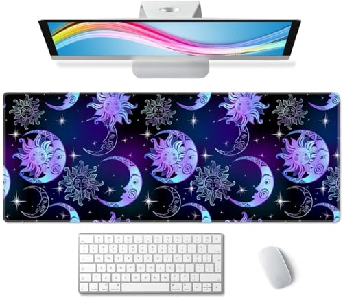 XL Sun Moon and Stars Desk Mat for Gaming and Keyboard Mice, 31.5 x 11.8 Inch Extended, Thin - color: Sun Moon and Stars