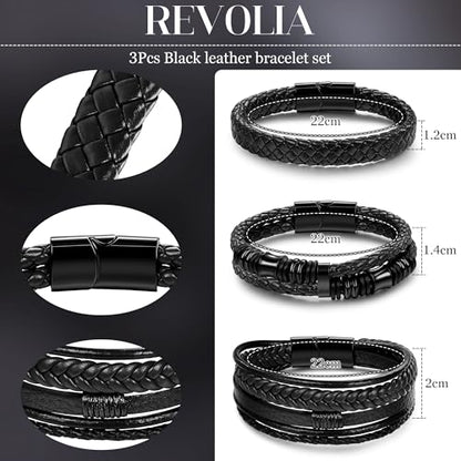 REVOLIA 3Pcs Black Leather Bracelets for Men Women Braided Leather Wristband Cuff Bracelets Multi-Layer Braided Leather Bracelets Set 7.5-9 Inches - color: Black