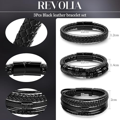 REVOLIA 3Pcs Black Leather Bracelets for Men Women Braided Leather Wristband Cuff Bracelets Multi-Layer Braided Leather Bracelets Set 7.5-9 Inches - color: Black