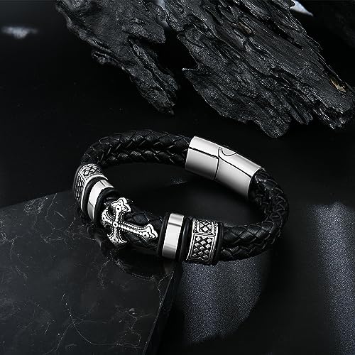 Mens Christian Cross Double Row Leather Bracelet, Religious Braided Cuff Bracelet for Men - color: Black, size: 8.5 inches