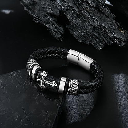 Mens Christian Cross Double Row Leather Bracelet, Religious Braided Cuff Bracelet for Men - color: Black, size: 8.5 inches