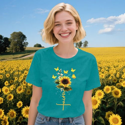 Womens Christian Shirts Faith Cross Sunflower Butterfly T-Shirt Bible Verse Religious Tee Tops - color: Cyan, size: Large