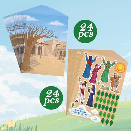 Sabary 24 Sets Zacchaeus Sticker Craft Cards for Sunday School Activities - style: Zacchaeus