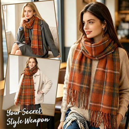 Loritta Winter Scarf for Women, Long Plaid Shawl Wraps Scarves Gifts - color: U-orange Dark Green Lattice