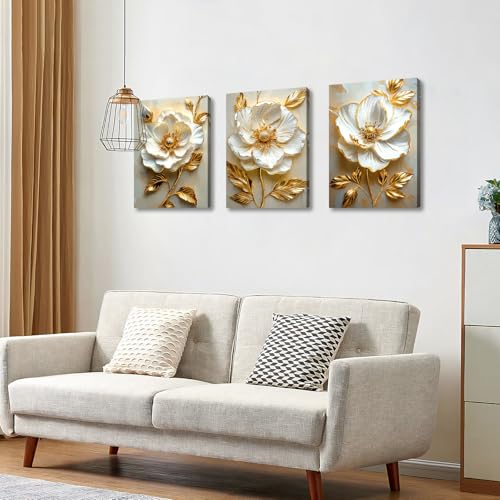 WENGTIAO Modern White Floral Golden Leaves Canvas Wall Art Set 20x28 x3Pcs - color: Flower-golden leaf, size: 20"x28"x3Pcs