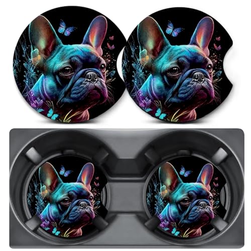 2 Pack Bulldog Butterfly Car Coasters Cup Holder,Neoprene Anti Slip Mat - color: Black Dog-3