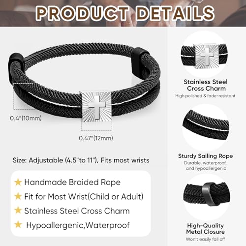 MEALGUET Christian Gifts Cross Bracelet for Boys : Adjustable Black Rope Faith Cross Bracelets for 6 8 10 12 14 16 Years Age Teenage Young Boy Son, Religious Jewelry Gift Ideas for Easter Baptism - style: Bless this little