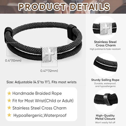 MEALGUET Christian Gifts Cross Bracelet for Boys : Adjustable Black Rope Faith Cross Bracelets for 6 8 10 12 14 16 Years Age Teenage Young Boy Son, Religious Jewelry Gift Ideas for Easter Baptism - style: To My Son
