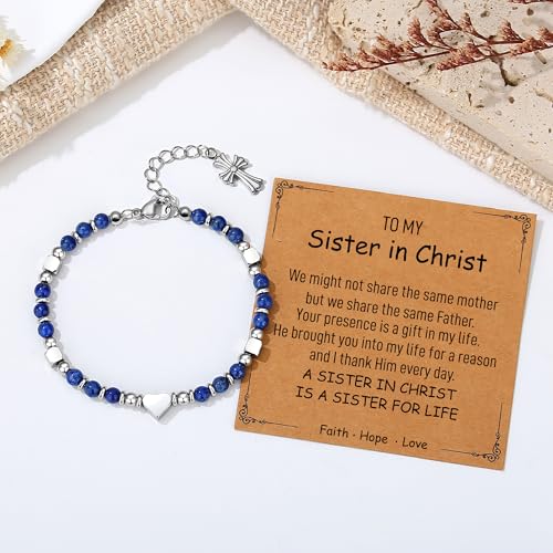 TONY & SANDY Christian Gifts for Women, Religious Cross Bracelet Faith Jewelry, Confirmation Baptism Christmas Birthday Gifts for Women, Unique Gifts for Teens Girls Kids Adults - style: Sister in Christ - Lapis Lazuli