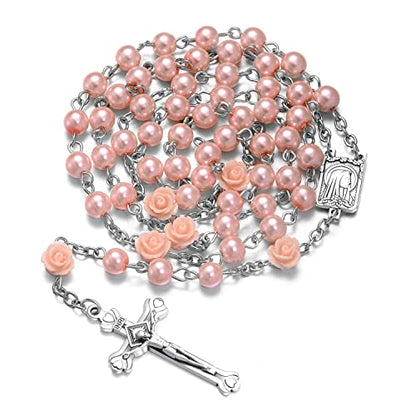 SZQCZB Rosary Beads Catholic Necklace Holy Soil Medal Cross Crucifix with Metal Box and 18pcs Prayer Cards - color: Pink