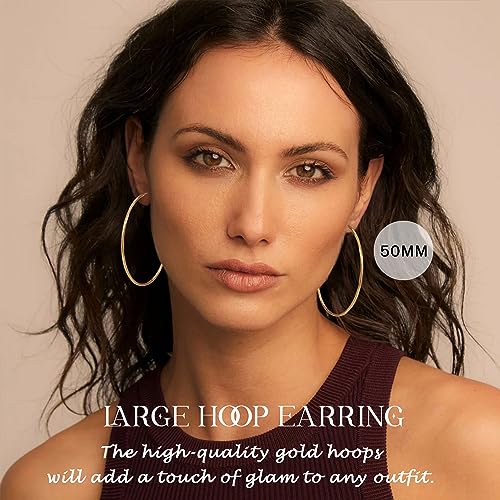 2MM Thin Gold Hoop Earrings Sterling Silver Post Hoop Earrings For Women Diamond-Cut Gold Hoops Earrings 14K Gold Plated Hoops Earrings Lightweight Hypoallergenic Oversize Gold Earrings For Women - color: Gold-50MM