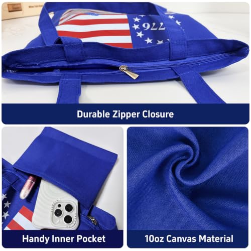 Canvas Tote Bag with Zipper, Halloween Trick or Treat Bags for Kids Bulk - color: [A0] Freedom - Blue