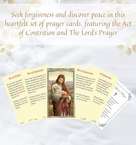 Act of Contrition Prayer Card - The Lord's Prayer Card - Set of 5 Laminated Double Sided Holy Cards - Jesus Christ the Good Shepherd Cards - 6 Items Total