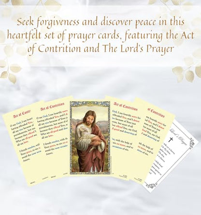 Act of Contrition Prayer Card - The Lord's Prayer Card - Set of 5 Laminated Double Sided Holy Cards - Jesus Christ the Good Shepherd Cards - 6 Items Total