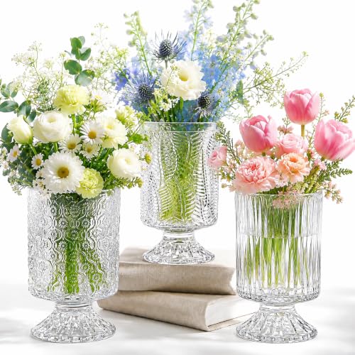 Pumtus 3 Pack Flower Vases for Centerpieces, Vintage Glass Pedestal Vase Set, Decorative Embossed Big Base Vase, Clear Hurricane Candle Holder, Medium Cylinder Vase for Wedding, Home, Party, Office
