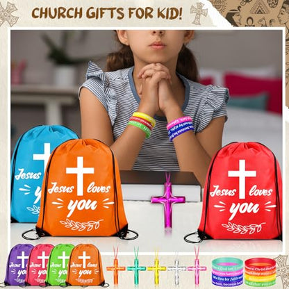 48 Pcs Bible Verse Party Favors Includes 16 Jesus Loves You Drawstring Backpack 16 Bible Verse Bracelets 16 Cross Necklaces for Christmas Shoebox Gift Easter Vacation Bible School