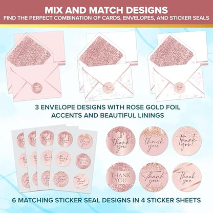 Decorably 24 Pack Glittery 6x4in Pink Rose Gold Thank You Cards - style: Rose Gold