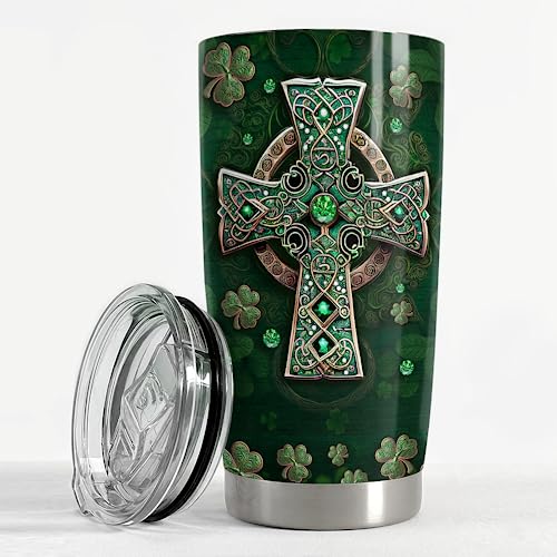 SANDJEST Irish Tumbler 20oz Irish Facts Celtic Cross Stainless Steel Tumbler with Lid Gift for Women Birthday Christmas - color: Irish