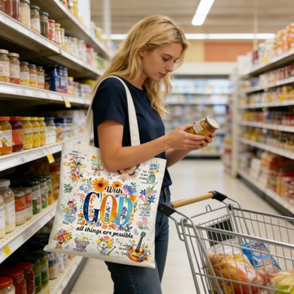 Canvas Tote Bags Reusable Shopping Bag for Women with Zippered Inner Pocket Magnetic Snap Closure - color: God