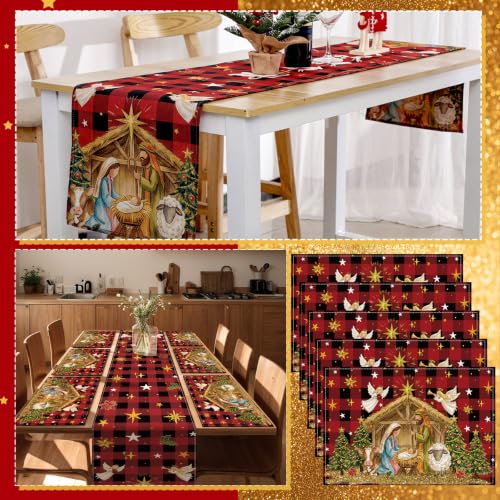 Patelai 7 Pcs Christmas Nativity Table Runner and Placemats Set, Serve 6 - color: Red Yellow, style: Nativity