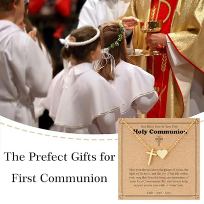 WEDDINEN First Communion Confirmation Baptism Jewelry Gifts for Teens Girls Kids,Cross Heart Necklace for Women Girls Christian Religious Stuffers Jewelry Gifts for Kids - style: First Communion-Gold