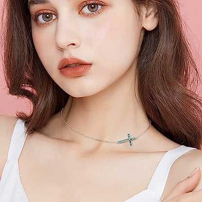 DAOCHONG S925 Sterling Silver Sideways Cross Choker Necklace 14+4 Inch - color: Silver-Abalone Shell