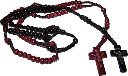 Holy Land Market Men's Beads Black and Maroon Wooden Rosary Necklace with Jesus Imprint Cross, 24 Inch