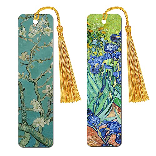 WIRESTER Set of 2 Metal Bookmarks with Light Gold Tassel for Students, Reader, Teachers, Book Lovers - Almond Blossom Van Gogh, Irises Vincent Van Gogh - color: Almond Blossom Van Gogh, Irises Vincent Van Gogh