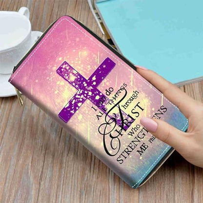 Women's Christian Cross Bible Verse Phil 4:13 Print PU Leather Zipper Wallet, Compact, Slim, Large Capacity, 8 Card Slots, Purple - color: Christian Cross Bible Verse Phil 4:13