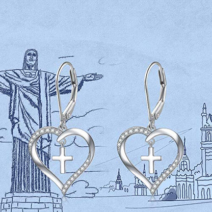 S925 Sterling Silver Heart Dangle Drop Earrings for Women Jewelry Gift - style: Heart Cross.