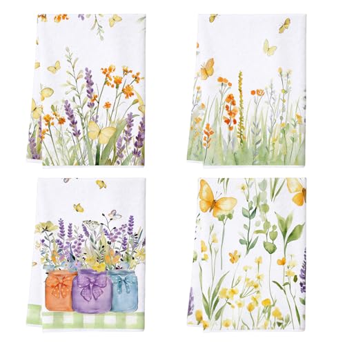 Wildflower Kitchen Towels Set of 4, Butterfly Floral Dish Towels - color: Green Floral