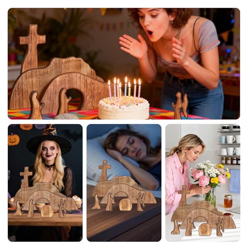 Empty Tomb Easter Scene Decoration – Handmade Wooden Resurrection Cross Set with Figures & Stone, Religious Easter Tabletop Centerpiece for Home, Christian Faith Décor, Spring