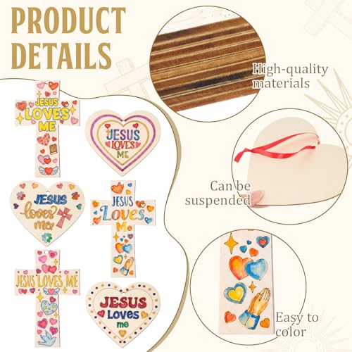 Blueweenly 24 Pcs Christian Vbs Crafts Kits for Classroom DIY Unfinished Wood Jesus Loves Me Art and Craft Cross and Heart Shaped Religious Hanging Ornament for Sunday School Classroom Home Activities
