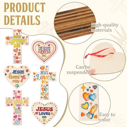 Blueweenly 24 Pcs Christian Vbs Crafts Kits for Classroom DIY Unfinished Wood Jesus Loves Me Art and Craft Cross and Heart Shaped Religious Hanging Ornament for Sunday School Classroom Home Activities