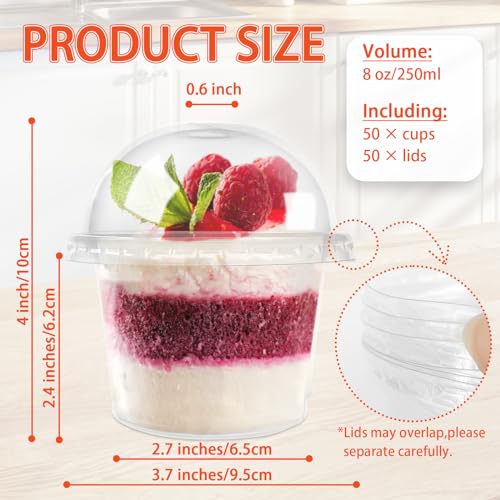 Jnnzzggu 50 Pcs 8 OZ Disposable Plastic Cups with Dome Lids, Clear Dessert Cup, Mini Parfait Appetizer Containers for Ice Cream, Cake, Fruit, Pudding, Jello Shot, Drink, Yogurt, Soups, Salad, Snacks - size: 50pcs 8oz