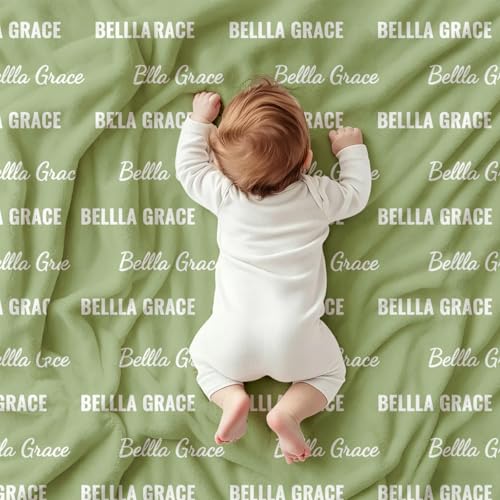 Ships Next Day, Personalized Baby Blanket with Name - Custom Newborn Hospital Swaddle Blanket, Super Soft Plush Flannel Baby Gift for Birth Announcement Shower Easter Gifts for Toddler Kids - color: Light Green